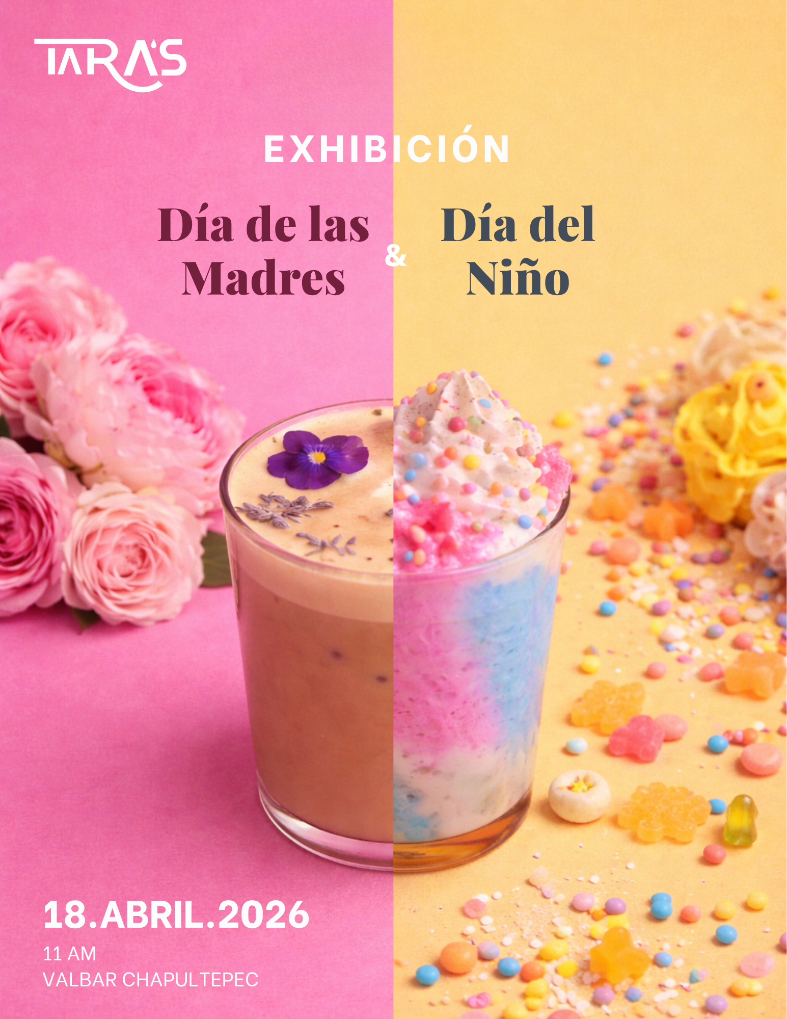 Promoción Día de las Madres y Día del Niño con bebidas decoradas, toppings y jarabes para cafetería
