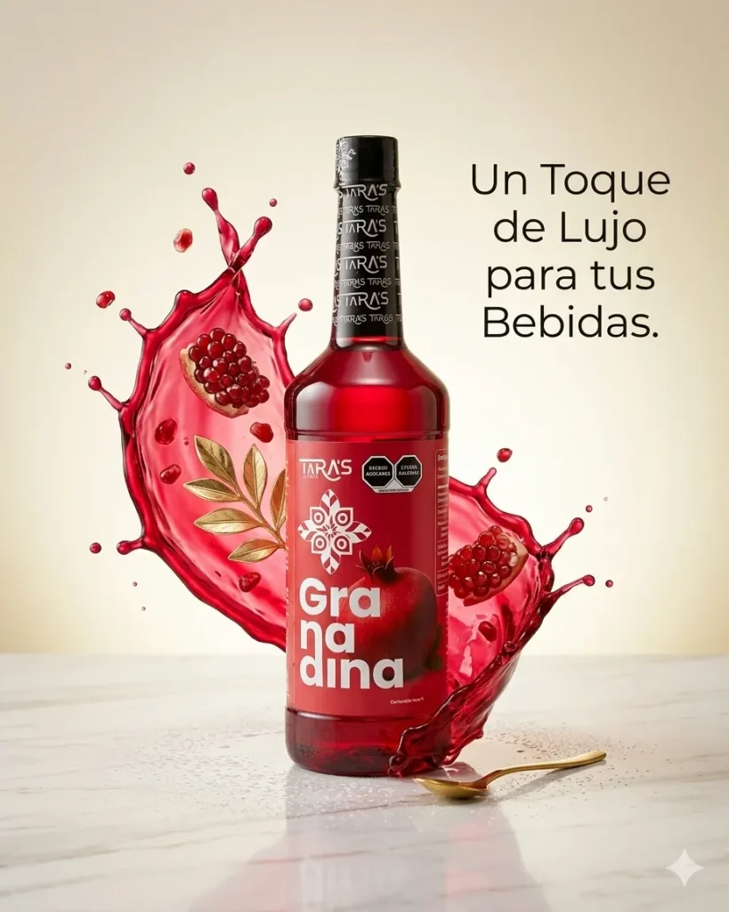 Granadina para coctelería Taras con fruta de granada y splash rojo para bebidas