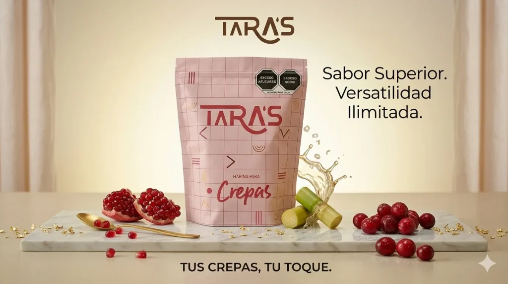 Harina para crepas Taras con preparación de crepas dulces y ingredientes frescos
