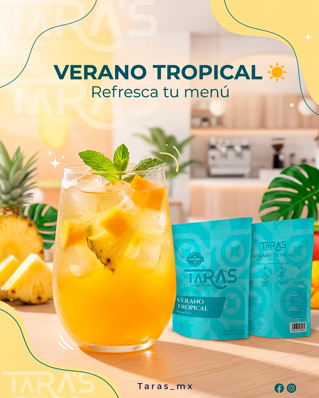 Bebidas refrescantes con insumos para cafetería sabor tropical y tés frutales