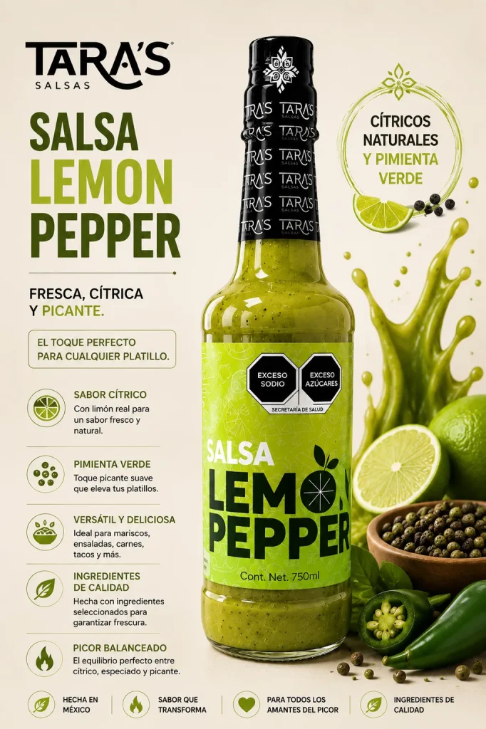 Salsa lemon pepper Tara’s Salsas, salsa salada cítrica con pimienta verde
